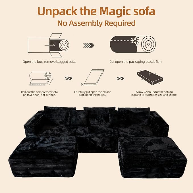 110 Modular Sectional Boneless Sofa with 2 Ottomans, Corduroy U-Shaped Modular Sectional Sofa, Convertible Cloud Couch with Deep Seats, No Assembly Required (Black, 110" 3Seat+2 0ttoman)
