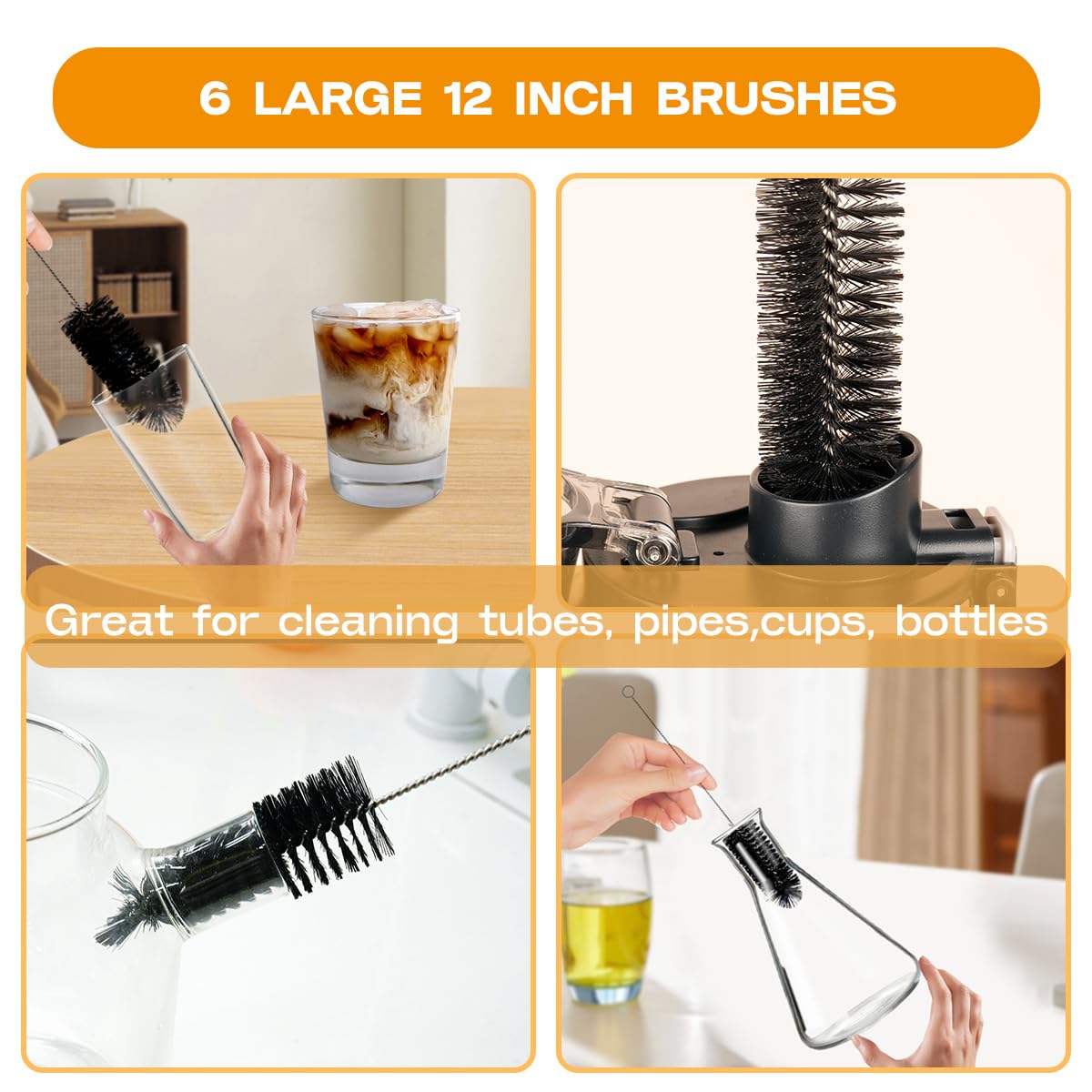 Brush Family Straw Cleaner Brush Set,6 Piece 12" Long Pipe Tube Bottle Brushes for Cleaning Narrow Neck Bottles,Coffee Maker,Glass Cups
