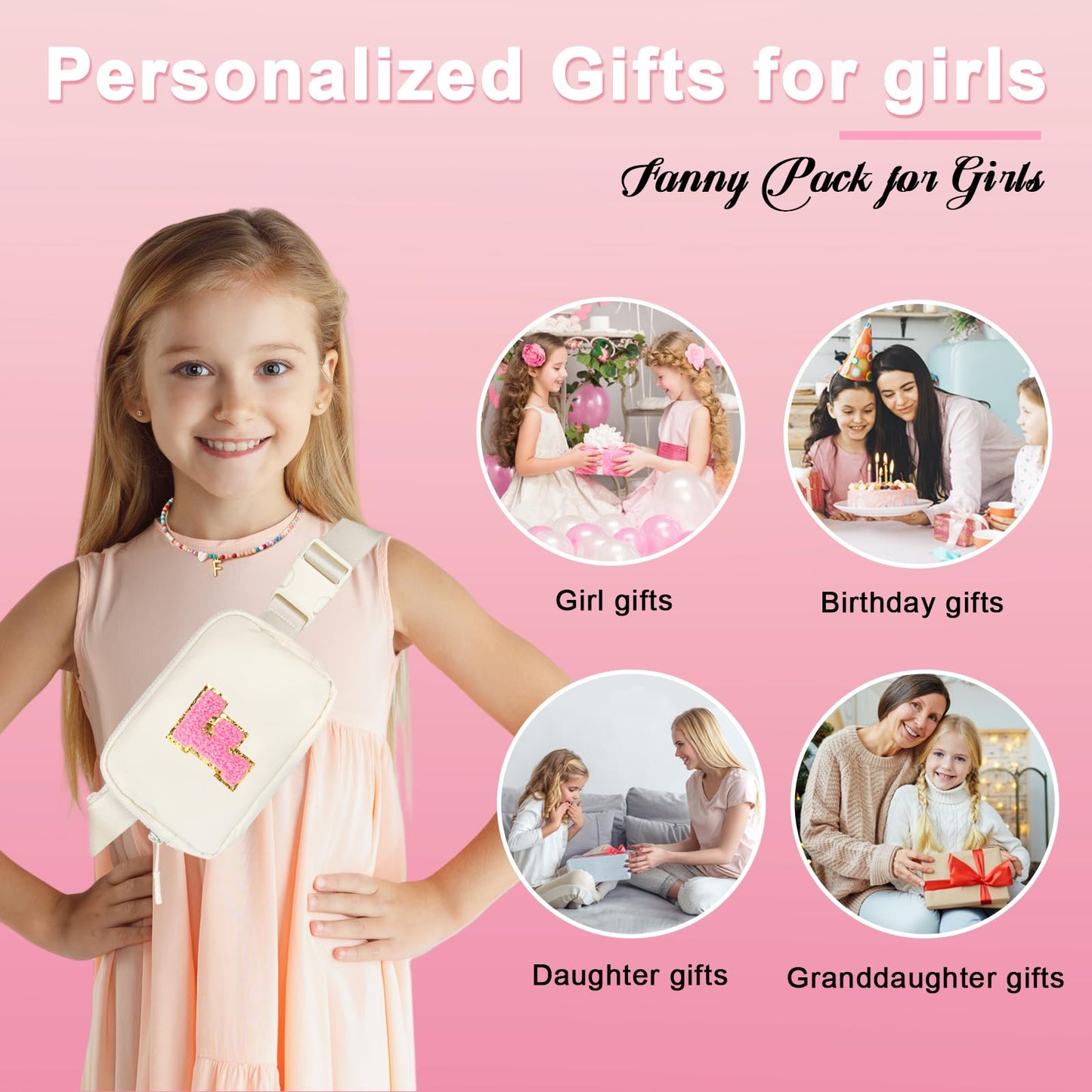 Personalized Fanny Pack for Girls, Gift Sets for Teen Girl, Birthday Gifts for 4 5 6 7 8 9 10 11 12 13 Year Old Girls, Initial Crossbody Bag Belt Bag for Girl Kids (F)