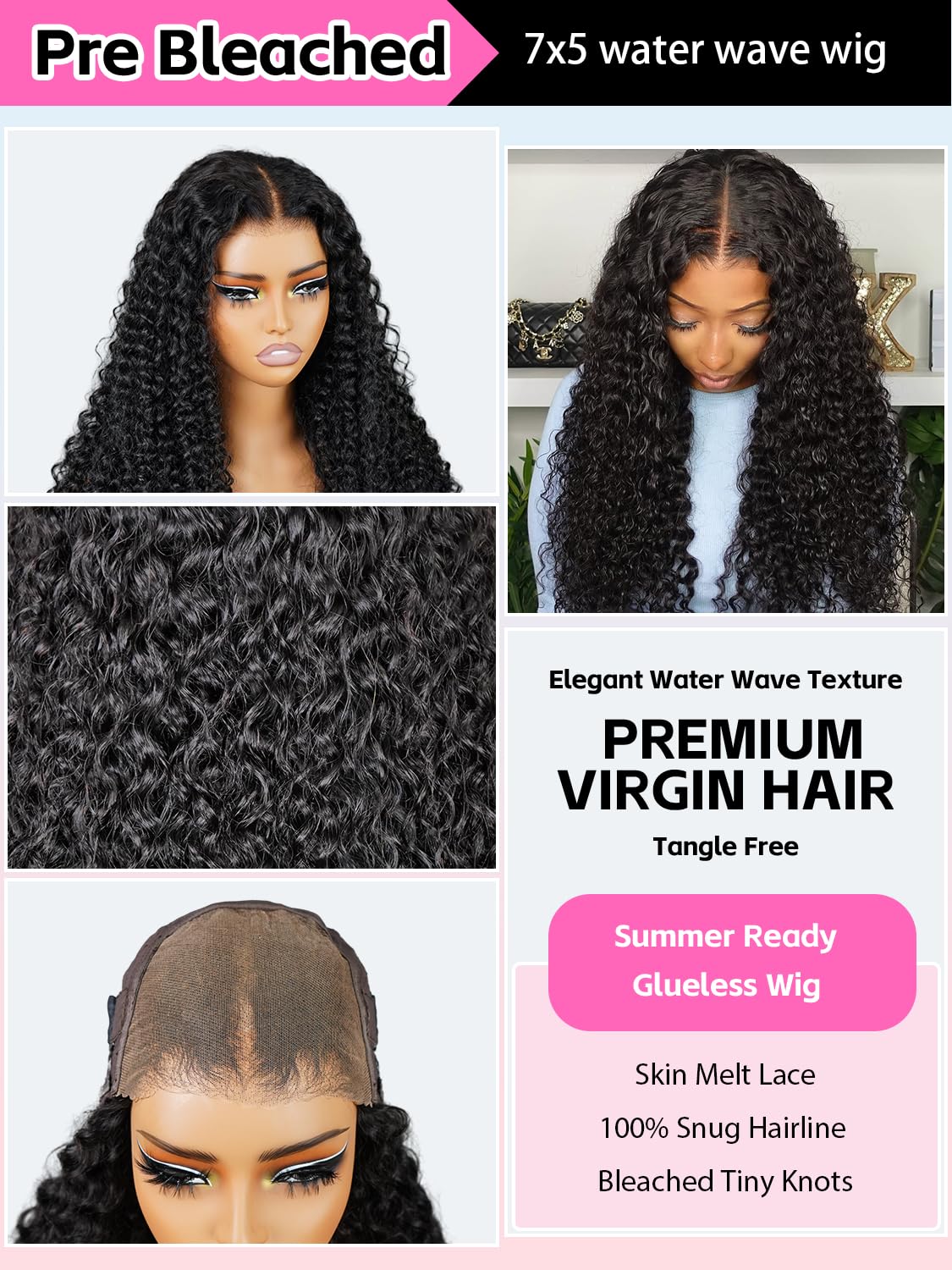 Curlyme Pre Bleached Water Wave Wear Go Glueless Wig 7x5 Lace Pre Cut Pre Plucked Glueless Wear and Go Lace Front Wigs Human Hai