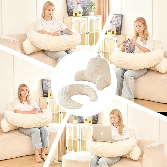 PAJEO Reading Pillow for Bed,U Shaped & Back Support Pillow for Bed,17" Backrest with Lumbar & Arm Support,Comfy Flannel Fabric,Lap Pillow for Gaming/Reading/Watching TV,White