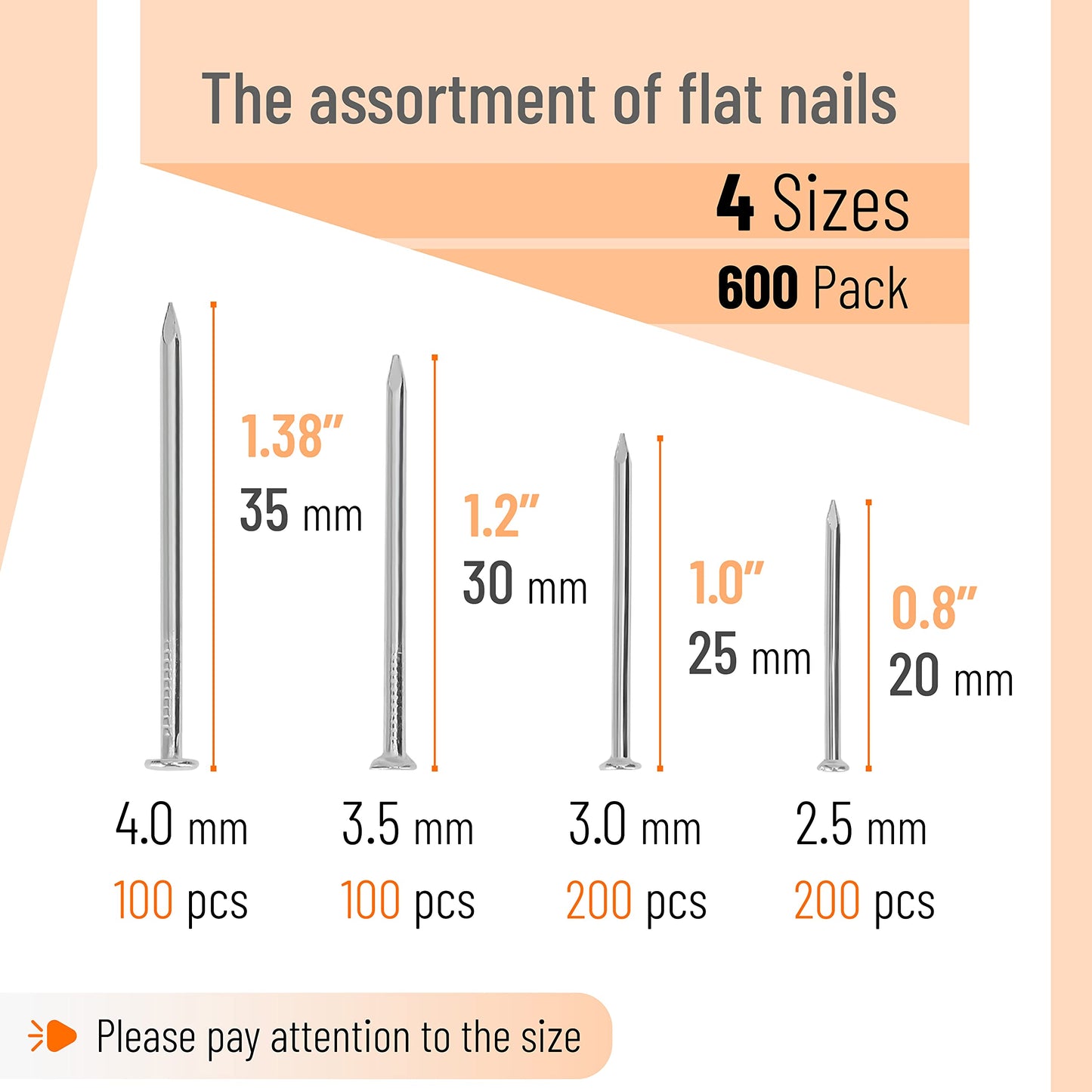 Mr. Pen- Nail Assortment Kit, 600 Pcs, 4 Sizes, Silver, Small Nails for Hanging Pictures, Finishing Nails