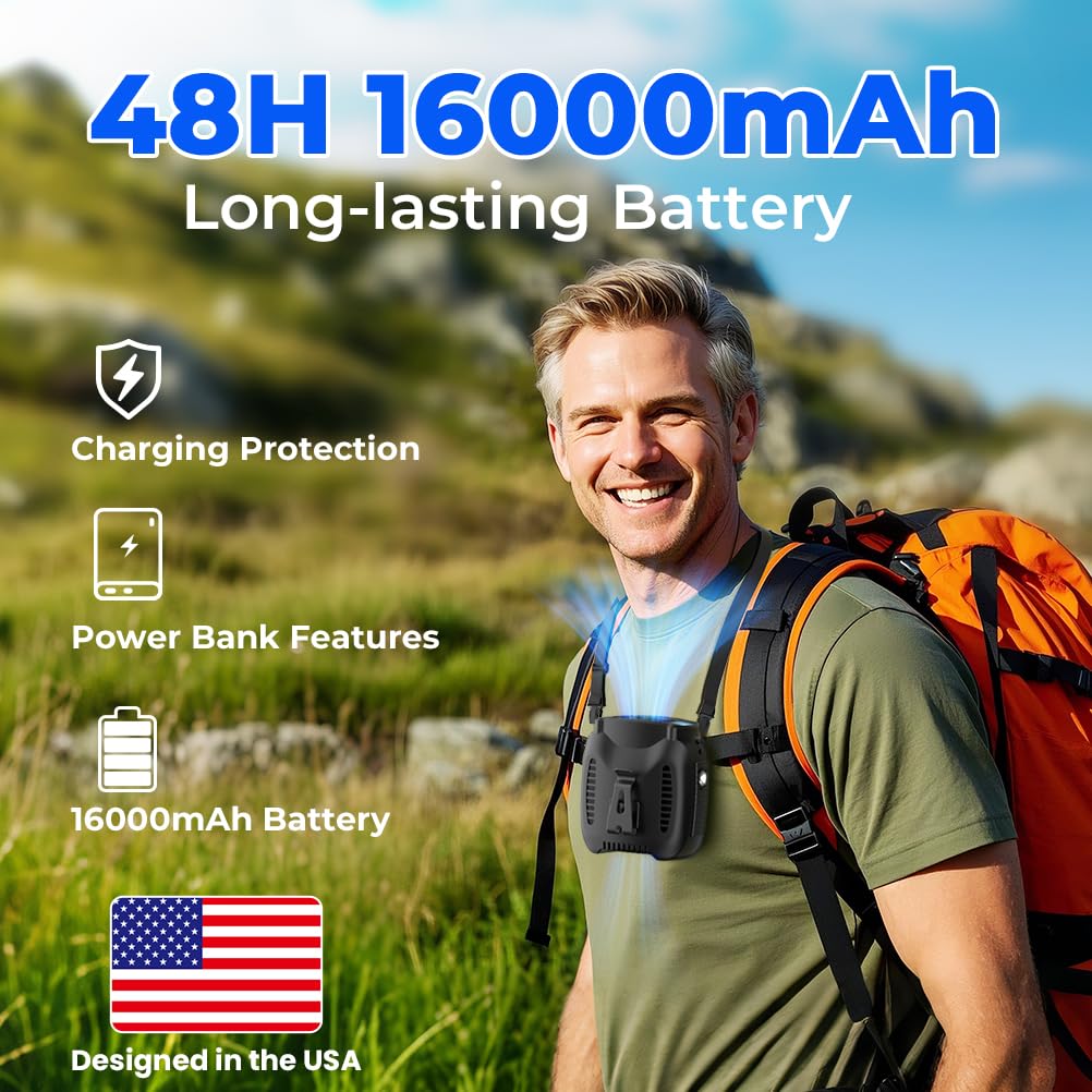 Vosfeel 16000Mah Portable Waist Fan Rechargeable, 16000Rpm 5-Speeds Strong Airflow, 48H Runtime With Flashlight, Personal Wearab