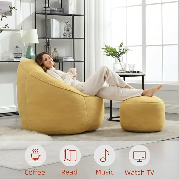 Bean Bag Chairs, Gaint Bean Bag Couch with Memory Foam for Adults and Kids, Microfiber Upholstered Sofa with Ottoman, Comfy Lazy Bean Bag Reading Chair for Living Room