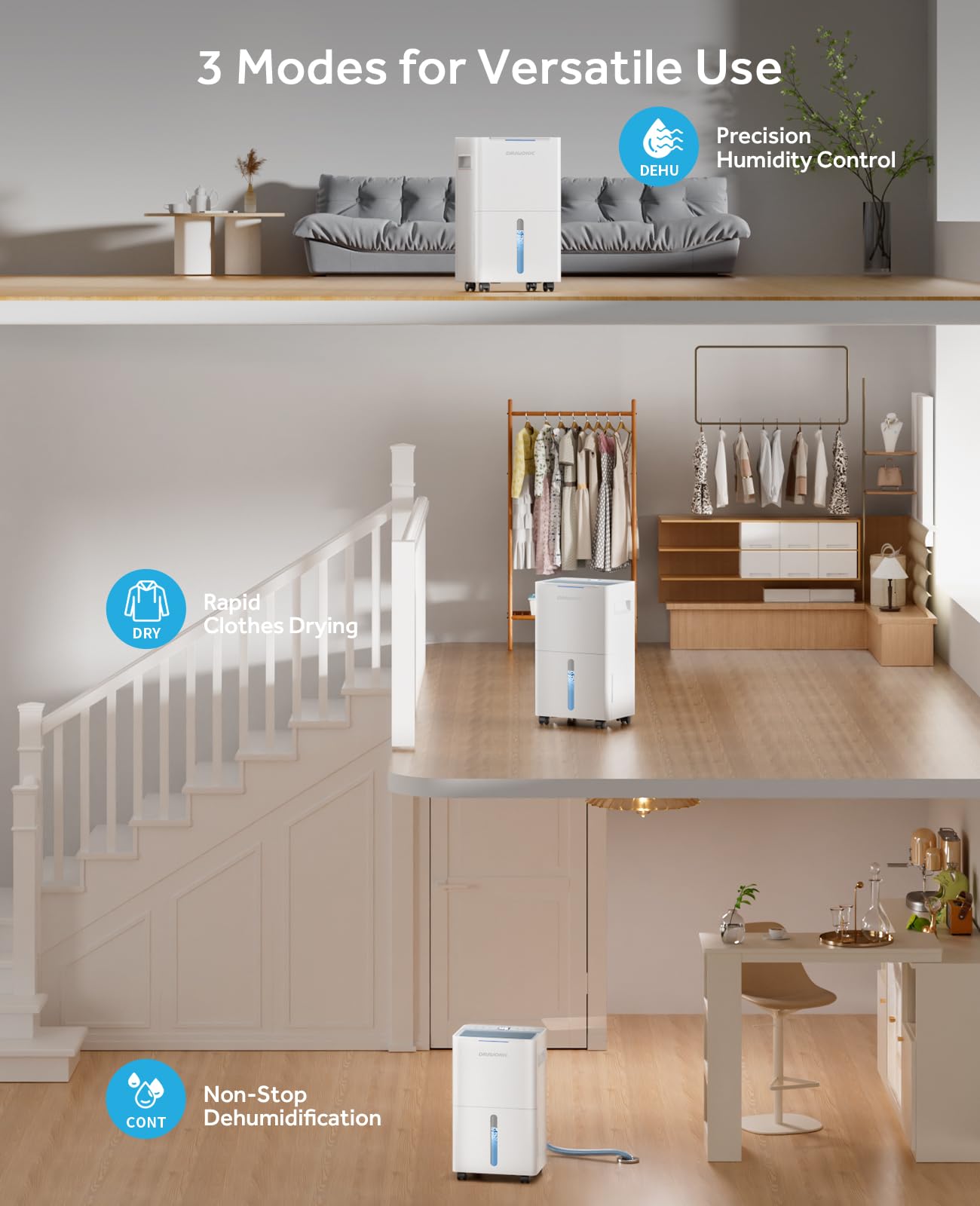 Dravonic 21 Pints Dehumidifier for Basement and Home, Quiet 3-Mode Operation with Continuous Drain Hose, 0.4 Gal Tank, Auto Defrost and 24H Timer for Bedrooms and Bathrooms (White, 21 Pints)