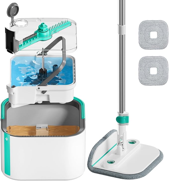Upgraded Self-Standing Spin Mop and Bucket System, Detachable Inner Mop Bucket Separates Dirty Water & 90° Foldable Head, Triple-Scrub System, 0.9Gal Dual Drainage, for Hardwood Floors (Blue 2 Pads)