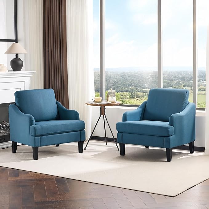 VINGLI Linen Fabric Accent Chairs Set of 2, Navy Blue Modern Upholstered Armchair, Comfy Sofa Chair Living Room Bedroom Furniture for Apartment