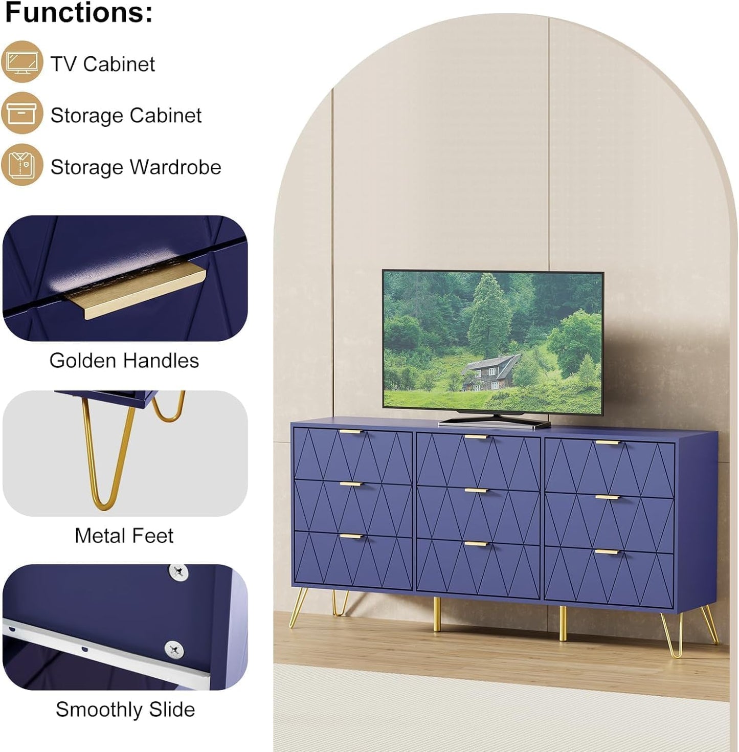 UEV Navy Blue Dresser for Bedroom,Modern 9 Drawer Chest with Gold Accents,Long Storage Dresser for TV Stand & Closet,Large Chest of Drawers for Bedroom