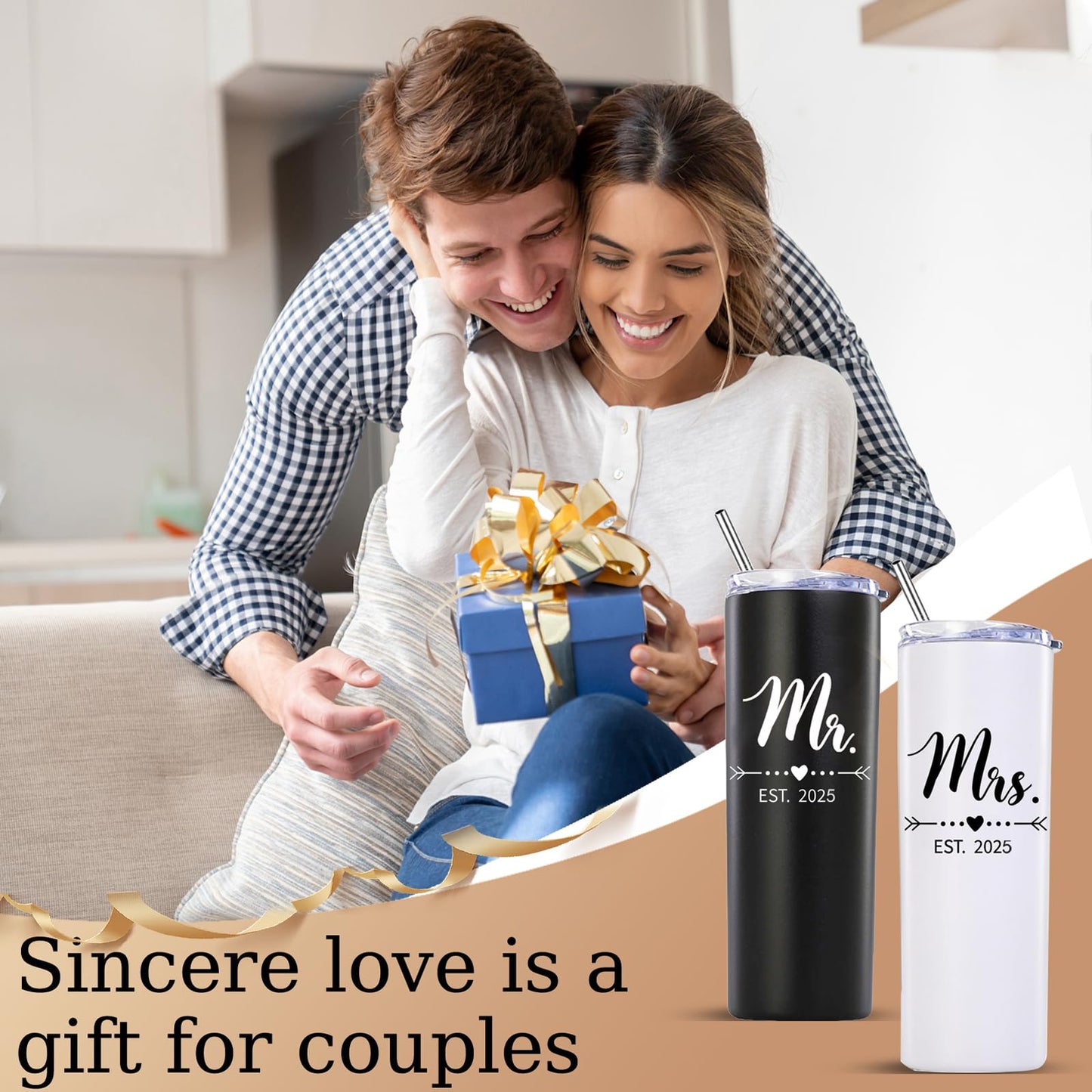 DHQH Personalized Mr and Mrs EST 2025 Gift Stainless Steel Travel Tumbler & Leather Luggage Tag Set - Wedding Gifts for Couples 2025 Perfect Newlywed, Engagement and Bridal Shower Gifts