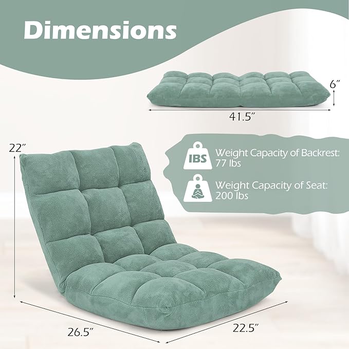 COSTWAY Floor Chair, Video Gaming Chairs with Back Support, Adjustable 14-Position, Alloy Steel Frame, Soft Coral Fleece, Lazy Sofa Lounge for Reading Living Room Recliner for Adults Kids (Green)