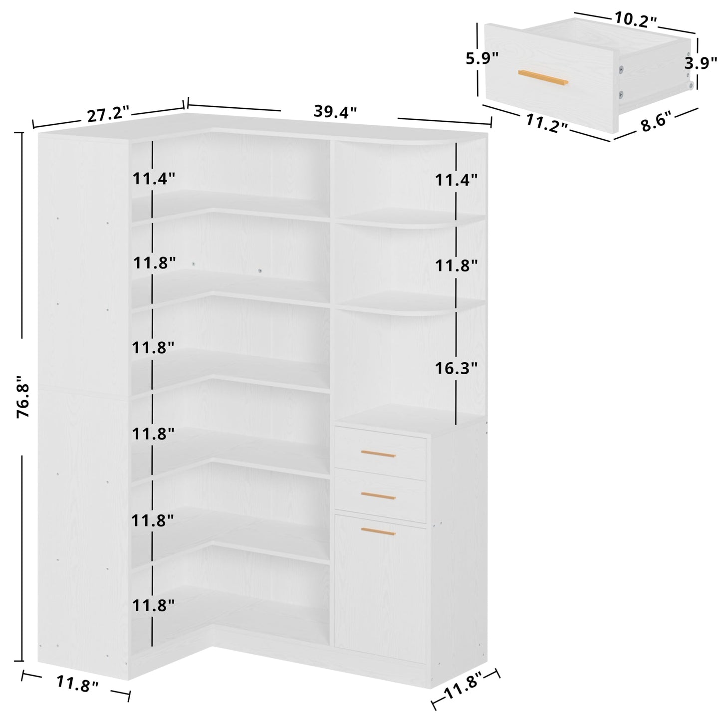IRONCK Corner Bookshelf and Bookcase with 2 Drawer and 10 Open Shelves, 76.8" Height L Shaped Storage Shelf Corner Combination, for Living Room Home Office, Modern White