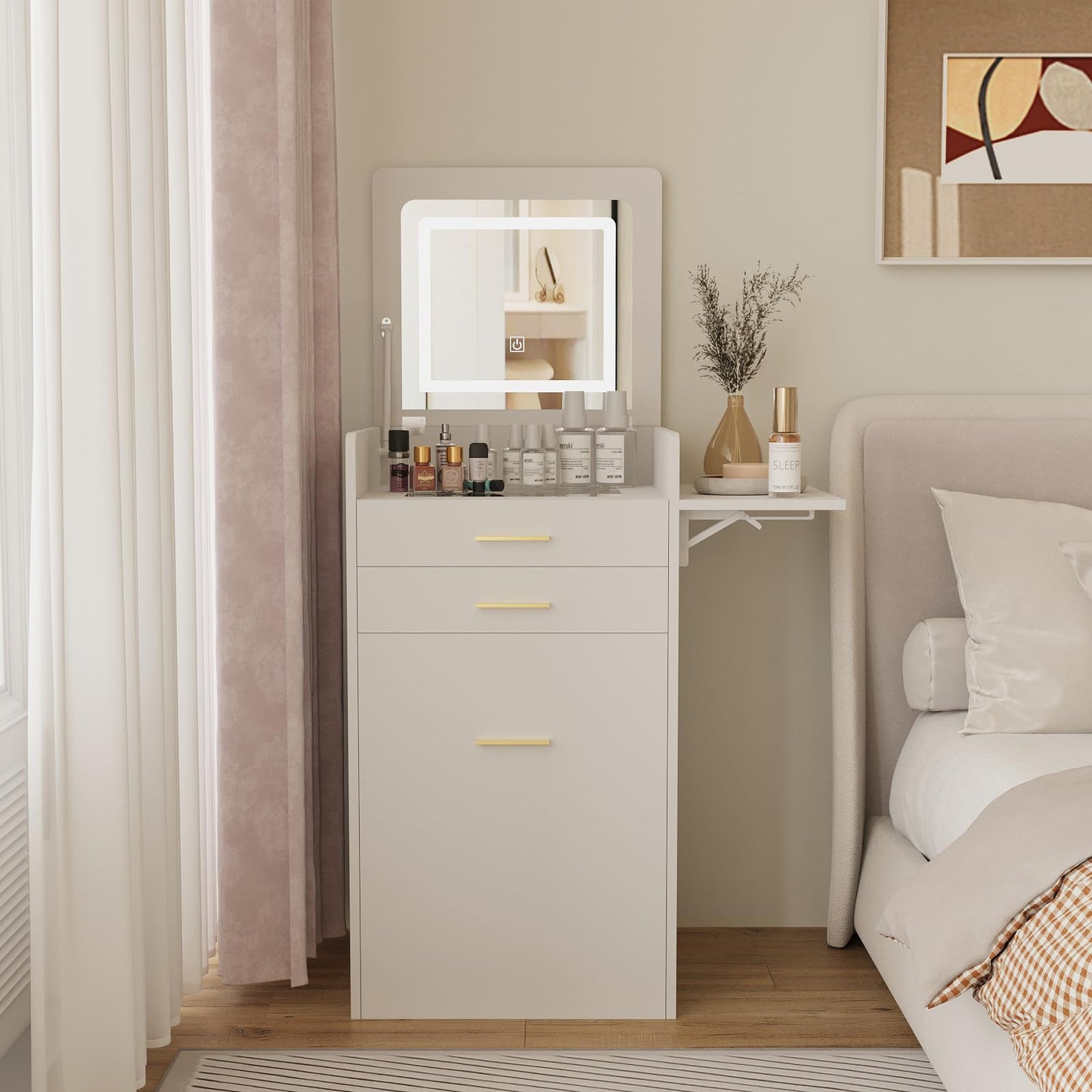 ARTETHYS Small Vanity Desk Set with Flip-top Mirror and Lights White Integrated 3 in 1 Makeup Vanities Set for Compact Space Mini Dressing Table with Fold-up Panel and Storage Chair for Bedroom
