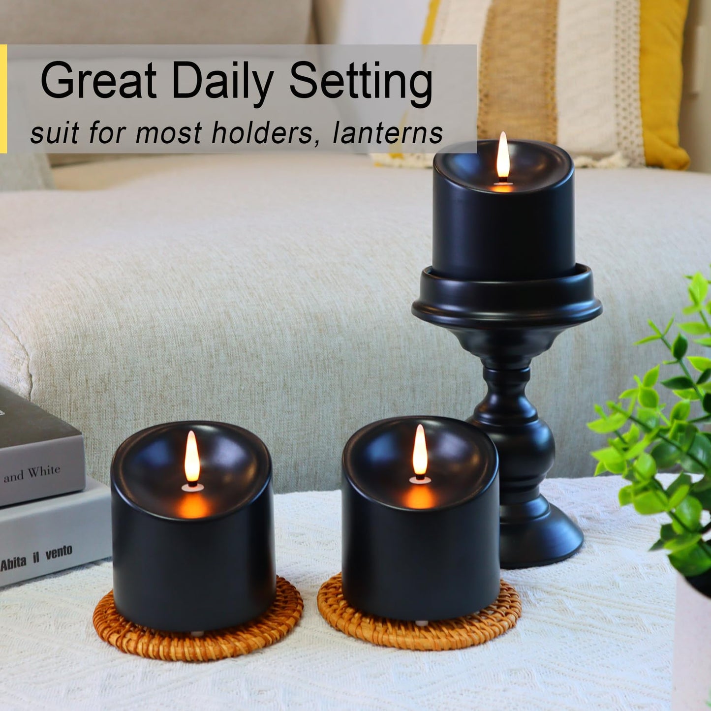 TECHLONG 3"x3" Black Flickering Flameless Candles, Waterproof Halloween Battery Operated Candles with Remote Timer, Last 600 Hours Electric Fake Black LED Candles for Gothic Room Decor, Set of 6