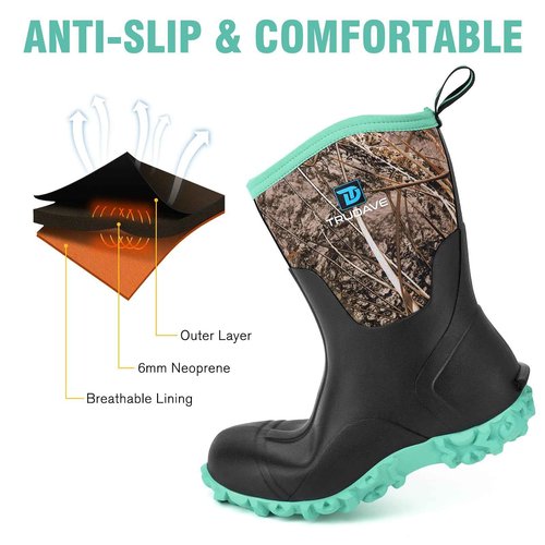 Trudave Rubber Boots for Women with Steel Shank, 6mm Neoprene Mid Calf Rain Boots, Waterproof Insulated Mud Work Boots All Season, Green, Size 8