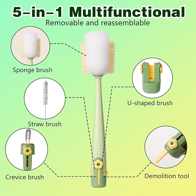 5 in 1 Bottle Cleaning Brush Set, 2026 New Multifunctional Lid Brush Cleaning Tool Kitchen, Cleaning Tool Kitchen, Portable Long Handle Bottles Scrubber for Cup Lids(Green and White)
