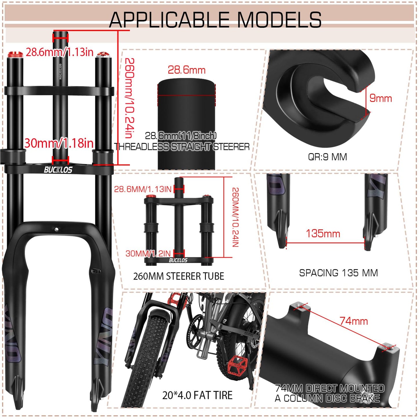 BUCKLOS 20 inch 4.0 Fat Tire E-Bike Air Suspension Fork, 180mm Travel Spacing Hub 135mm Straight Tube MTB Manual Lockout 9mm QR Mountain Bike Double Shoulder Electric Bicycle Front Forks Snow Beach