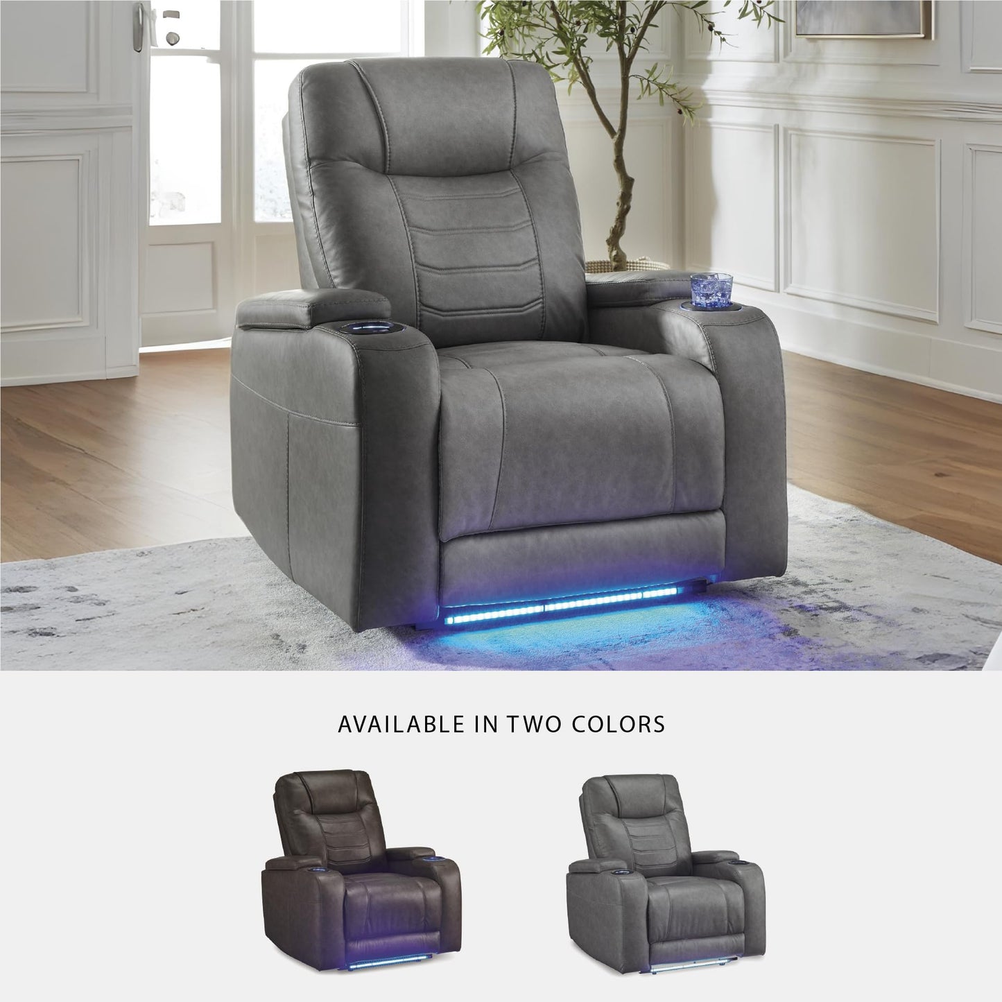 Signature Design by Ashley Schooner Rocks Power Recliner Chair, Faux Leather Upholstery with Adjustable Headrest, LED Cup Holders and Extended Ottoman for Home Theater Comfort