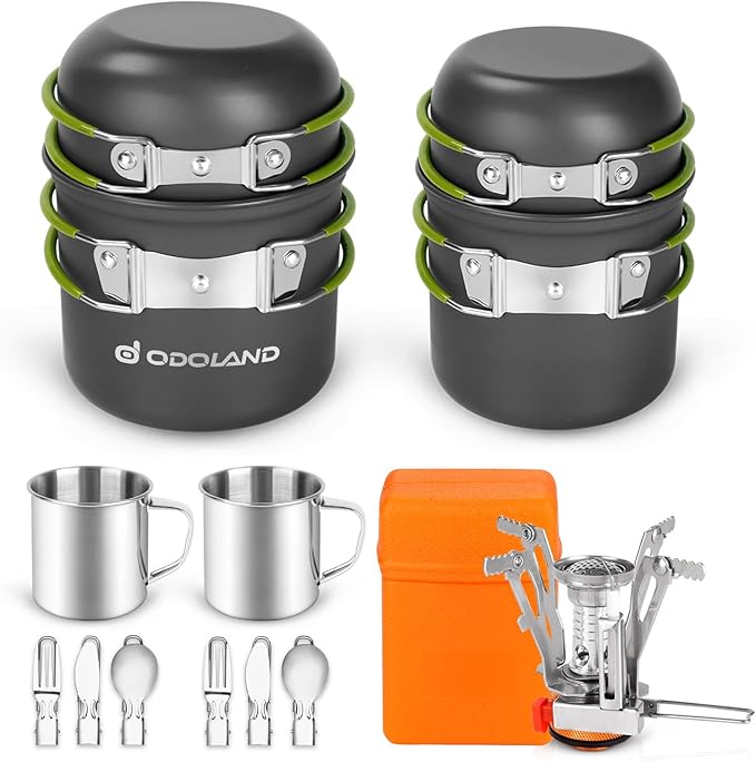 Odoland 16pcs Camping Cookware Mess Kit, Lightweight Pot Pan Mini Stove with 2 Cups, Fork Spoon Kits for Backpacking, Outd...