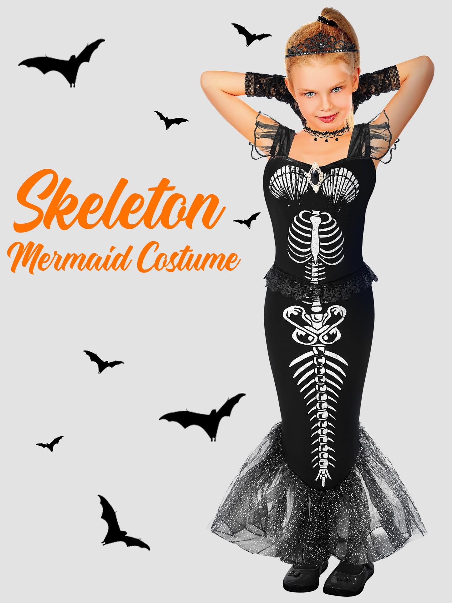 Liitrsh 6 Pcs Girls Halloween Skeleton Costume for Kids Fishtail Mermaid Dress with Accessories for Toddler Cosplay(8,Black)