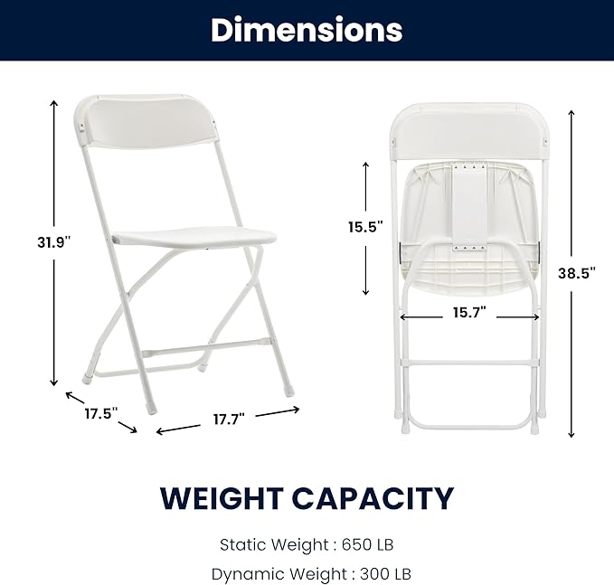 BTEXPERT White Plastic Folding Chair Steel Frame Commercial High Capacity Event Chair Lightweight Set for Office Wedding Party Picnic Kitchen Dining Church School