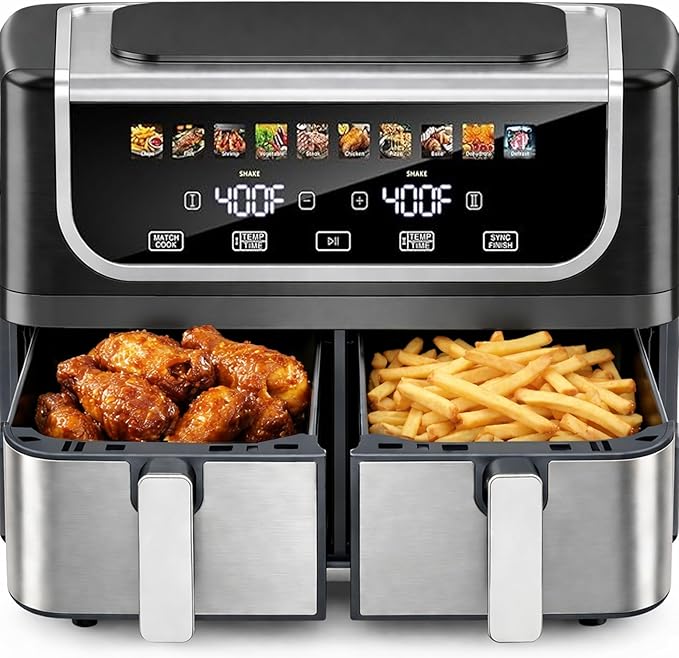 Simple Deluxe 9.5-Qt Dual Basket Air Fryer, 10-in-1 Digital Preset Airfryer, Sync Cook, Independent Temp Control, Shake Reminder, Nonstick Basket, Black