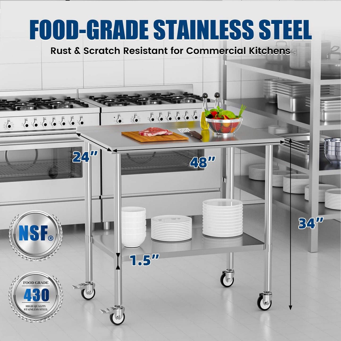 Chingoo Stainless Steel Work Table with Wheels, 24x48 Inch NSF Food Prep Table with Backsplash & Adjustable Undershelf for Commercial Kitchen, Restaurant, Garage