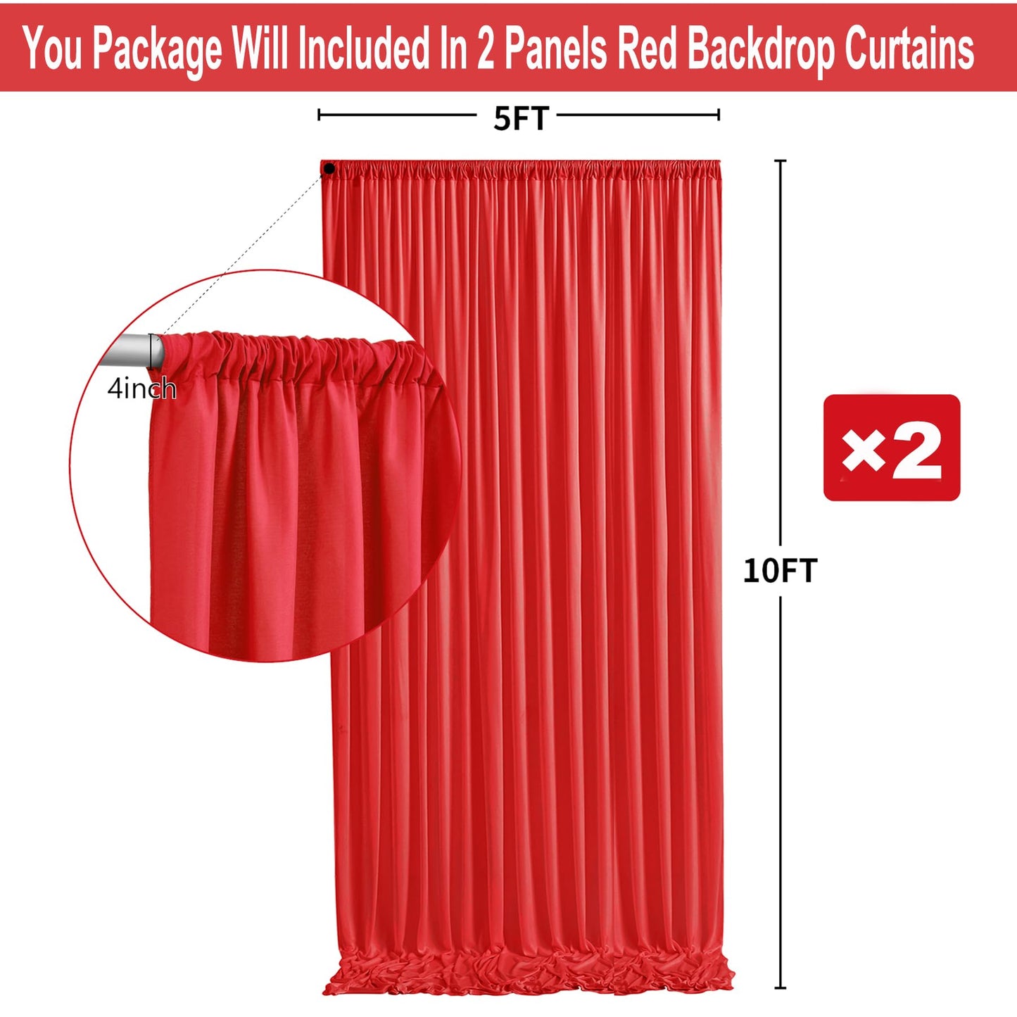 10Ft X 10Ft Thick Red Backdrop Curtains For Parties, 2 Panels 5Ft X 10Ft Non See Through Red Polyester Wedding Drapes Photo Back