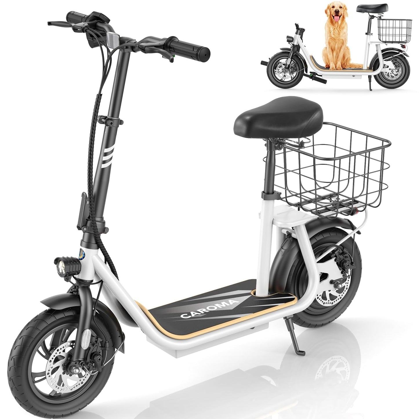 Caroma Peak 800W Electric Scooter with Seat, Electric Scooter Adults with 12" Shock-Absorbing Tires, 375Wh Battery up to 22 Miles&20MPH, Foldable Electric Bike with Seat for Commuting(White)