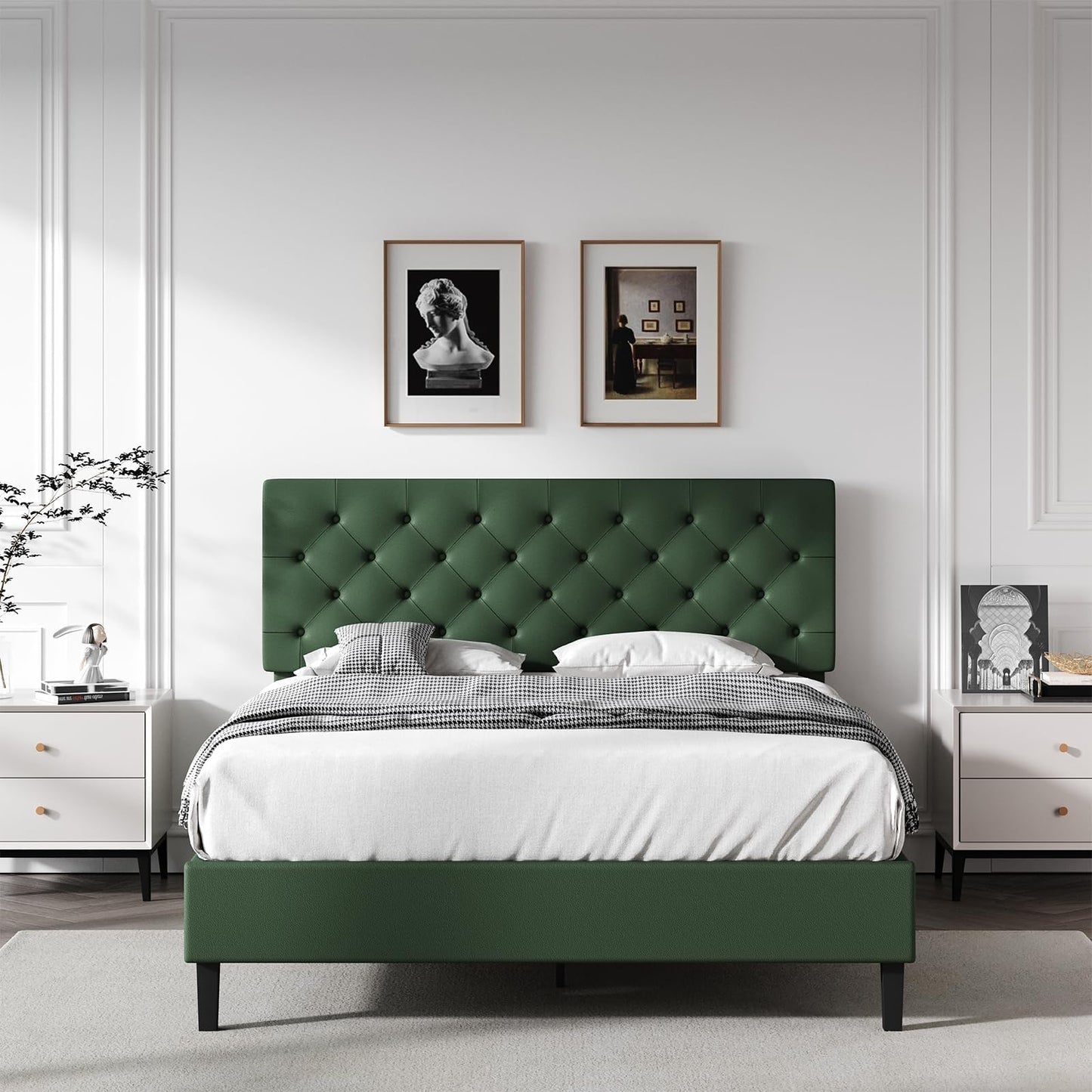 REVOMINCA Upholstered Full Size Bed Frame with Headboard, Green Bed Frame, Platform Bed with Button Tufted Desigh, No Box Spring Required, Easy Assembly, Green