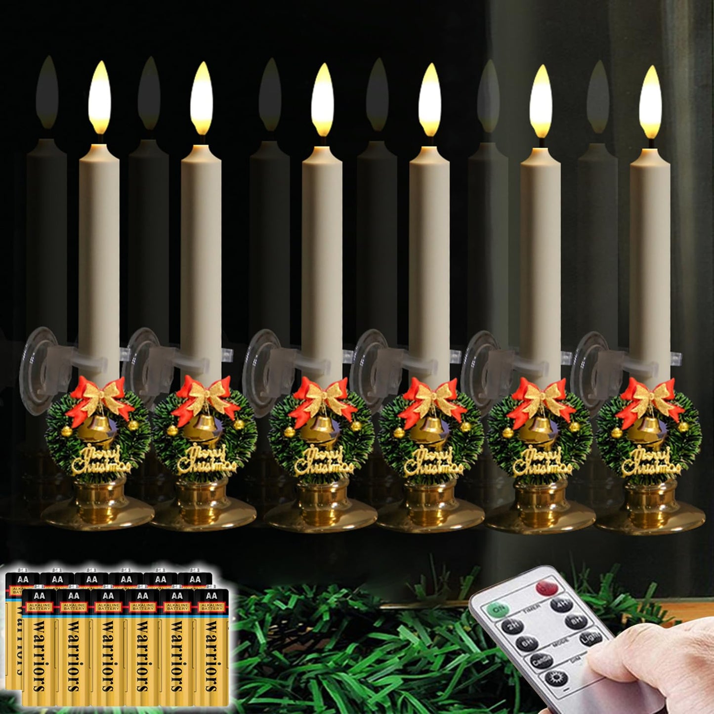 NONNO & ZGF 6 Pack Flameless 8.7'' Window Candles +6 Wreath(with Bows/Bells)+12 AA Batteries(Include)+ 6 Suction Cups+ 6 Golden Candleholders. Battery Powered Ivory Taper Candle with Remote and Timer