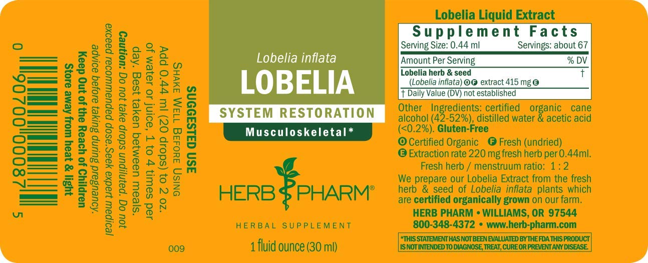 Herb Pharm Certified Organic Lobelia Liquid Extract for Musculoskeletal System Support - 1 Ounce (DLOBEL01)