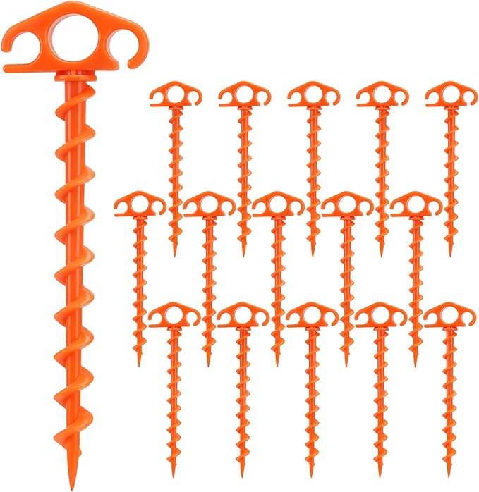 COBARYEN Tent Stakes Ground Anchors Screw in, 16 Pack Sand Stakes for Beach 9.4 Inch Heavy Duty Spiral Tent Pegs for Camping, Party, Hiking, Outdoor Decoration (16, Orange)