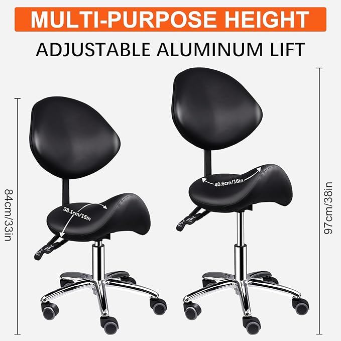 Saddle Stool with Back Support, 400lbs Adjustable Salon with Wheels, Heavy Duty Rolling Ergonomic Rolling Esthetician Seat for Home Office Salon Shop Dentist Clinic, for People 5 ft to5.8 ft Tall