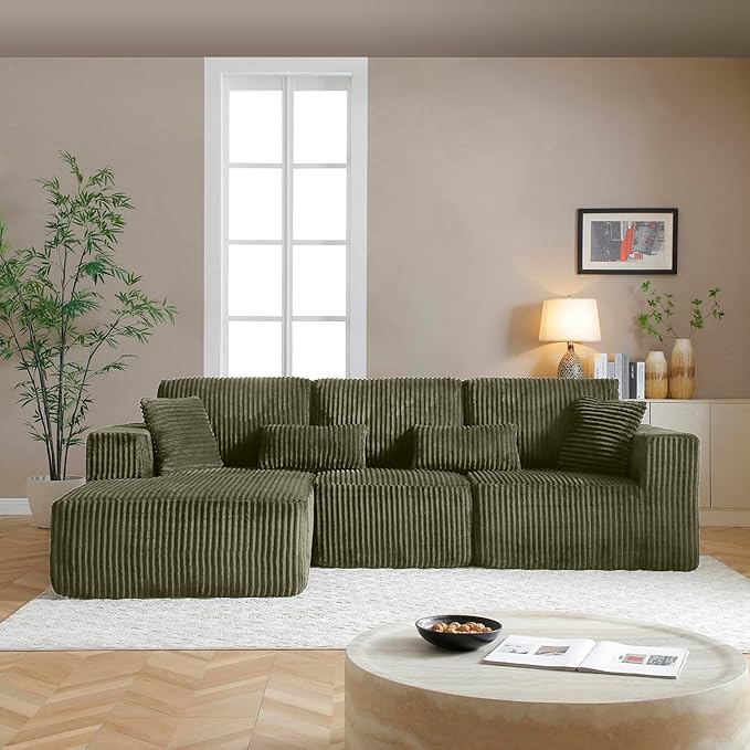 110" Cloud Sectional Couch, Modular Sectional Sofa with Deep Seat, Corduroy Upholstered Boneless Couch for Living Room Bedroom, Left Facing Chaise (Green)