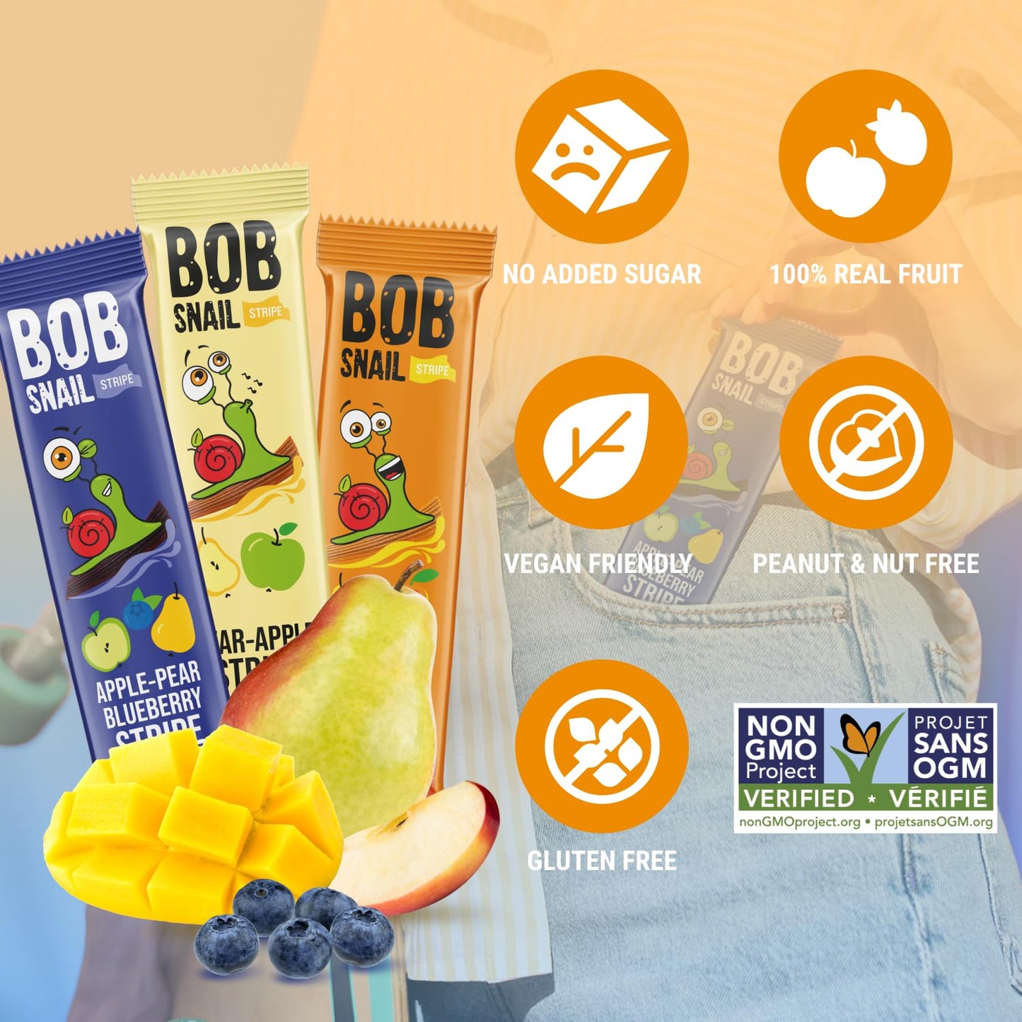 BOB SNAIL Healthy Organic Fruit Snacks for Kids and Adults – 30 Organic Fruit Leather Snacks with Pear & Apple, Blueberry, Mango – Vegan Low-Carb Variety Pack Strips for Kids – Sugar Free Jerky Bars