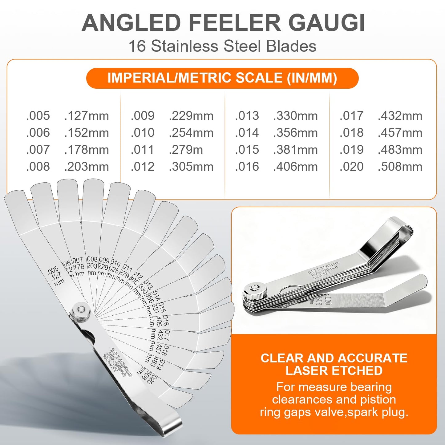 Tokyzexi 2Pcs Stainless Steel Feeler Gauge Set,32 Straight Blades Feeler Gauge&16 Pieces Angled Feeler Gauge Set, Measure Gap and Thickness for Guitar, Spark Plug, Valves Piston Measure Filler Gauge