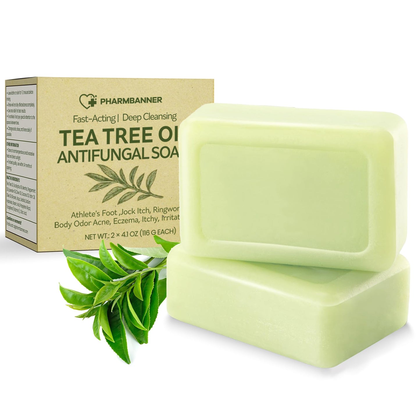 PHARMBANNER Tea Tree Antifungal Soap Bar - Body Wash for Face & Body Acne, Folliculitis, Jock Itch, Ringworm, Athletes Foot, Bod