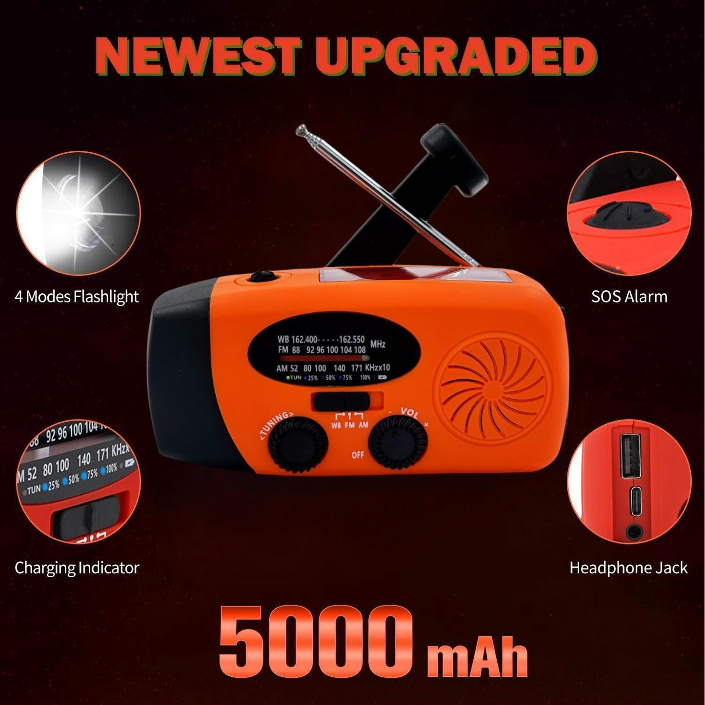 Ironsnow Solar Emergency Hand Crank Weather Radio, Portable Self Powered Noaa Am/Fm Radios With Sos Alarm Led Flashlight 5000Mah