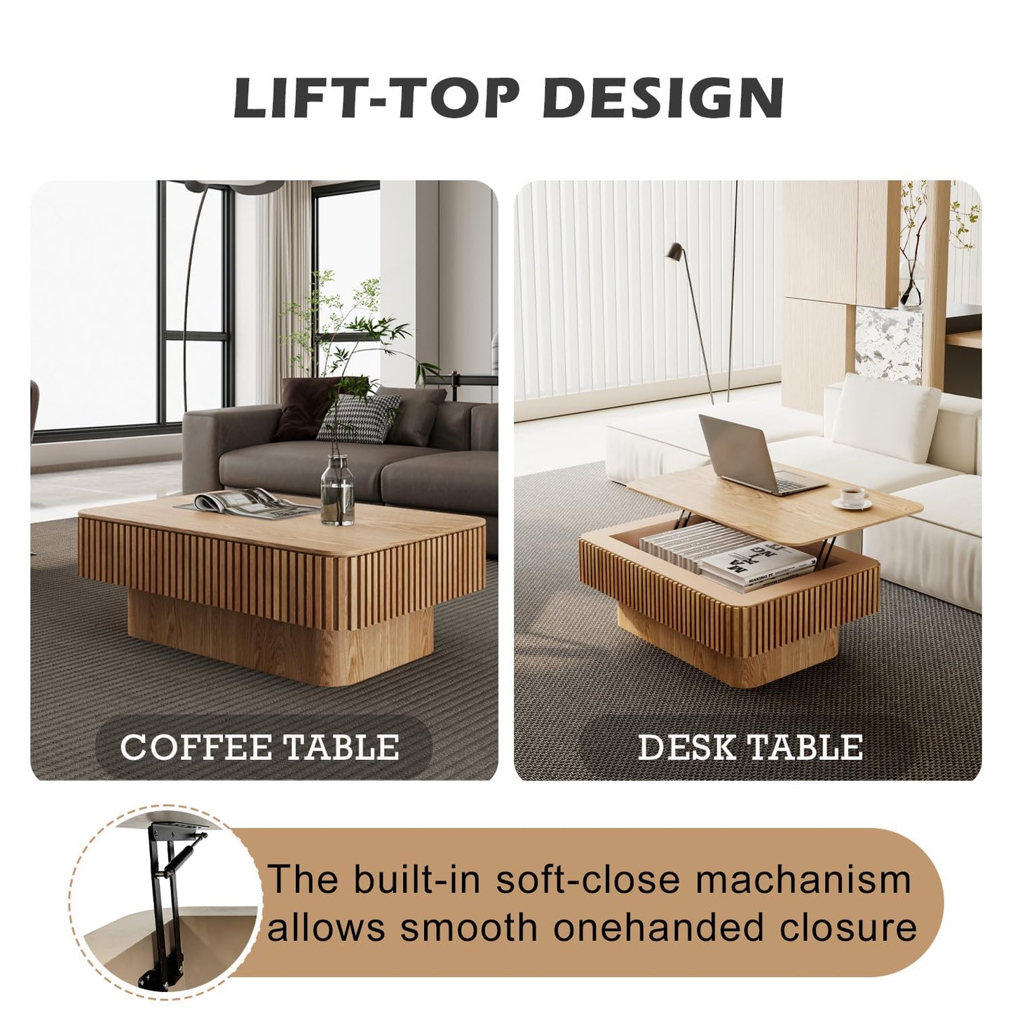 FGXJY Lift Top Coffee Table with Storage, Solid Wood Coffee Table with Adjustable Height, Fluted Center Table Accent Tea Table for Living Room, Apartment, Office (38.6" Natuall)
