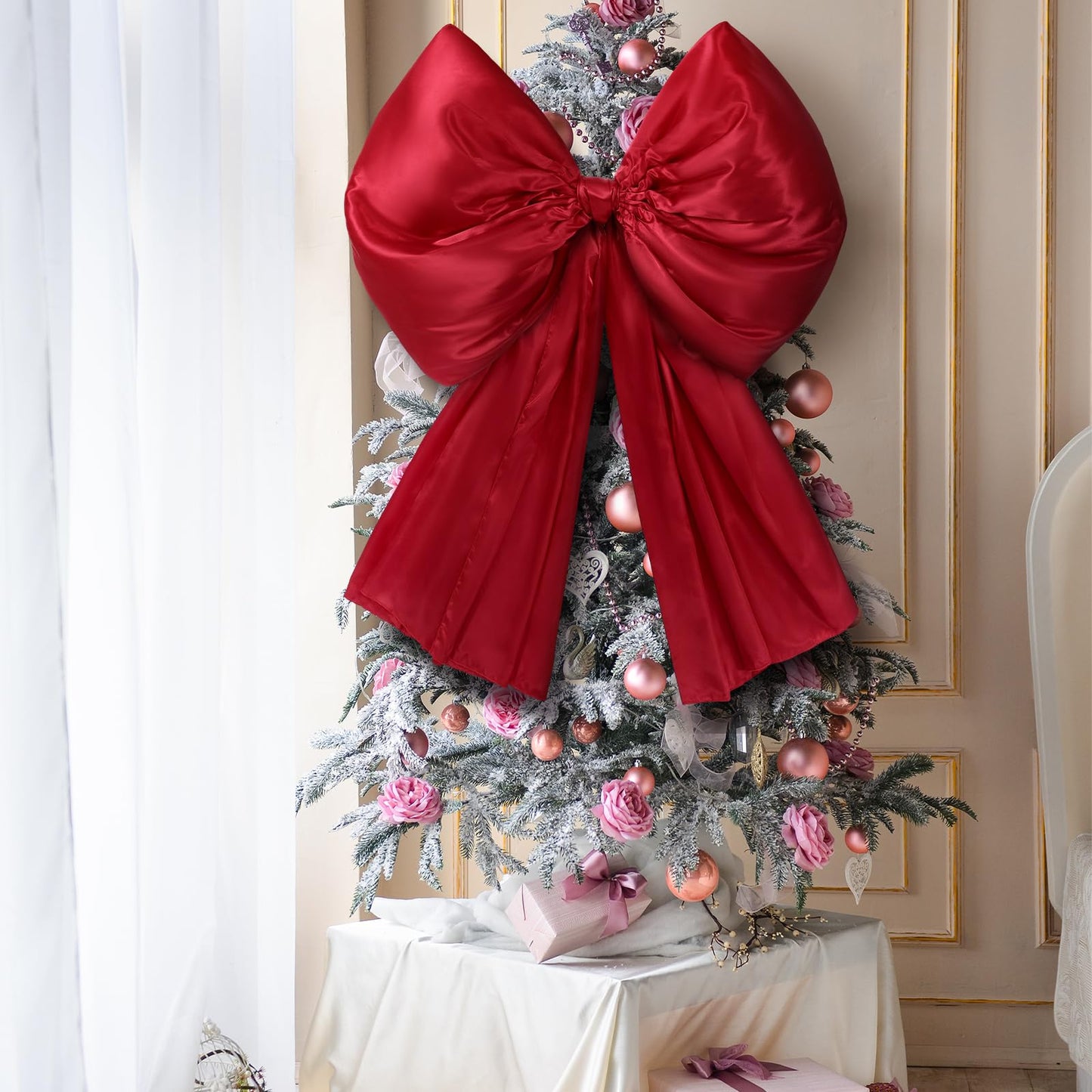 Daifunli 32 x 41 Inches Christmas Tree Topper Red Bow Extra Large Satin Bows Decorations for Home Christmas Tree Toppers Wreath Wall Birthday Wedding Engagement Bachelorette Baby Shower Party Decor