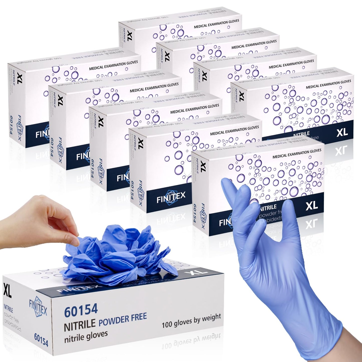 FINITEX Disposable Nitrile Exam Gloves 1000 PCS - 3.2mil Ice Blue Powder-free Latex-Free Examination Home Cleaning Food Gloves (L)