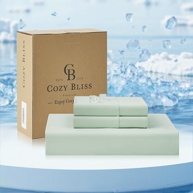 Cozy Bliss Premium Cooling Sheet Set Full Size, Q-Max>0.4, 3PCS No Flat Sheet with 2 Pillowcases, Breathable Fitted Sheet for Hot Sleepers & Night Sweats, Deep Pocket Up to 18 Inches, Light Mint Green