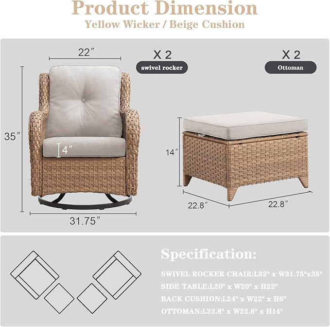 Belord 4 Pieces Patio Furniture Sets, Wicker Patio Swivel Glider Chair with Ottomans, Outdoor Furniture Set for Outside Porch, Deck, Balcony, Garden, Yellow