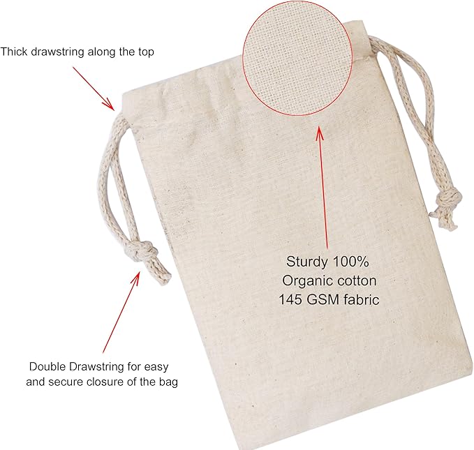 100Pcs 6 x 8 Inches Premium Cotton Muslin Double Drawstring Bags, Reusable Bag Natural Cotton Bags with Drawstring Produce Bags Bulk Gift Bag Jewelry Pouch for Party Wedding Home Storage