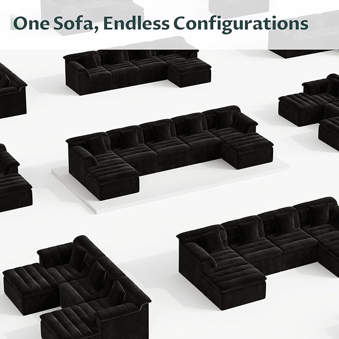 SUNG7 111.8" Modular Sofa with Ottoman, Boneless Cloud Couch with Deep Seat, Comfy U-Shape Corduroy Couches for Living Room, No Assembly Required, Black