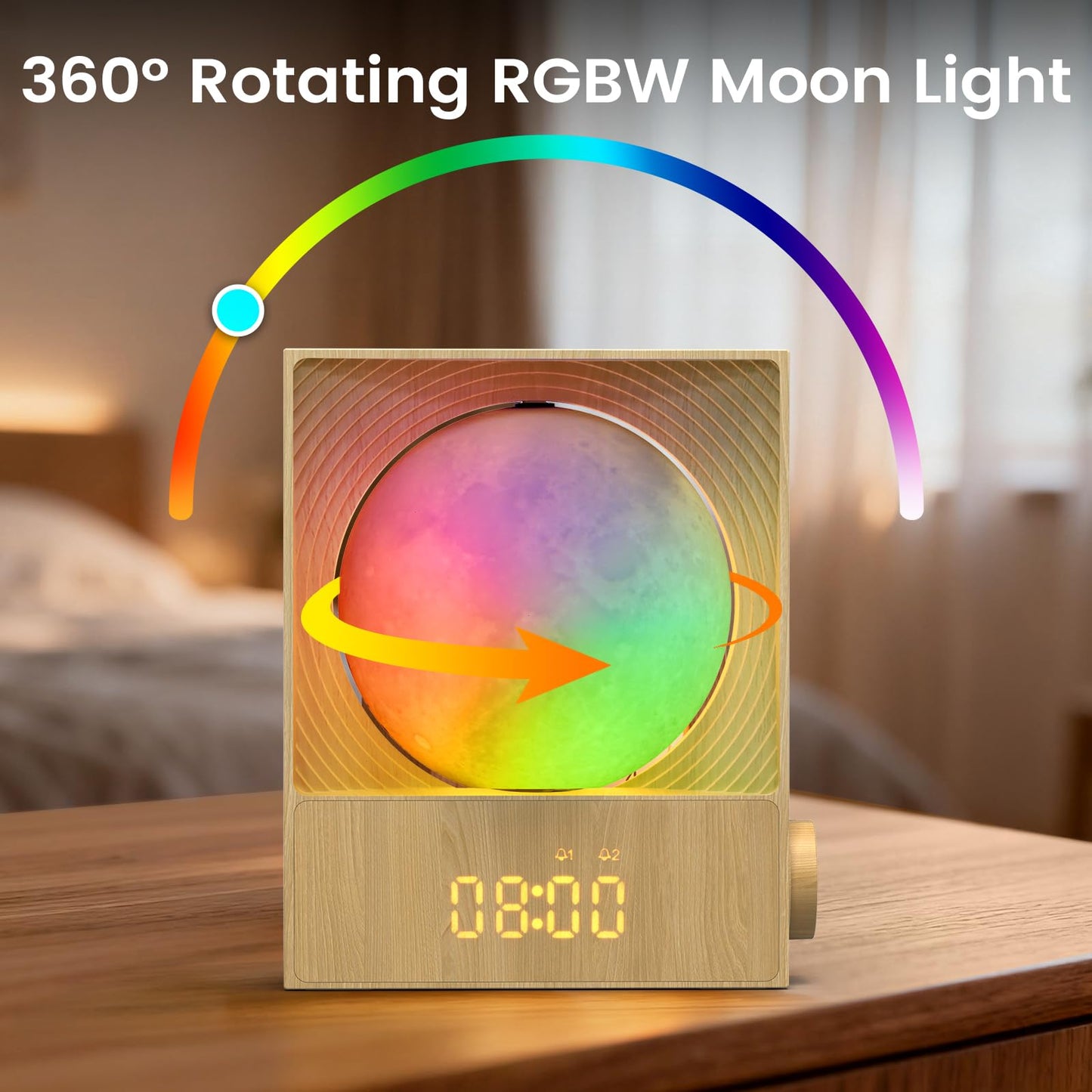Epochleno Sunrise Alarm Clock, 360-Degree Rotating Moonlight & 10 White Noise Sounds, Dual Alarm & Snooze for Heavy Sleeper, Timer, Wooden Bedroom Light Gift - Wood