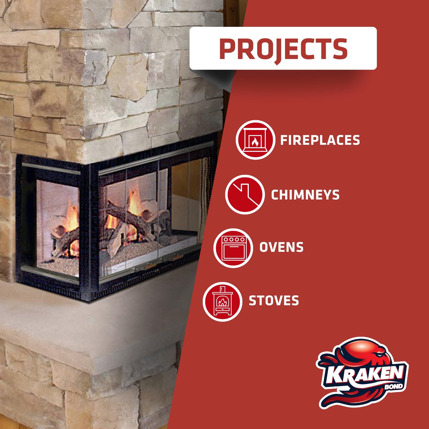 Kraken Bond High Temperature Black Fireplace Sealant 2732°F - (2x10.1oz.) Fire Resistance Up to 2732°F, High Temp Fire Caulk for Ovens, Stoves, Chimneys - Fast Dry, Paintable, Non-Flammable, 2 Pack