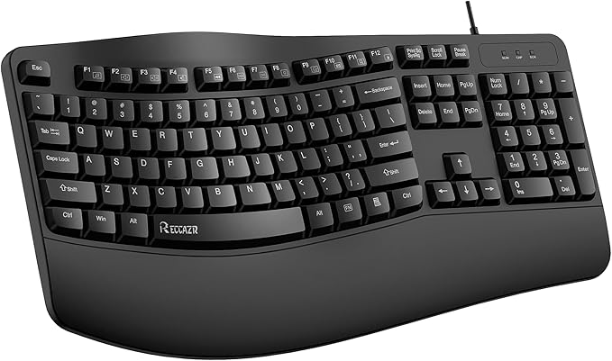 RECCAZR Ergonomic Keyboard, Wired Computer USB Keyboard with Wrist Rest, Spill-Resistant, Wave Keys for Natural Typing, Co...