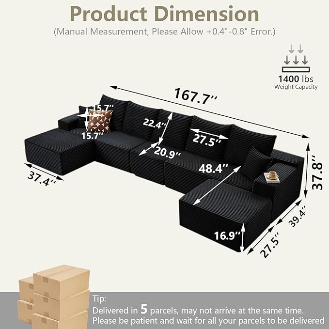 167.7" Sectional Cloud Couch for Living Room, Modular Floor Deep-Seat Sofa, Big Comfy Corduroy Couches Set with Fluffy Memory Foam, Stupendous U Shaped Sofas, No Assembly Required, Black