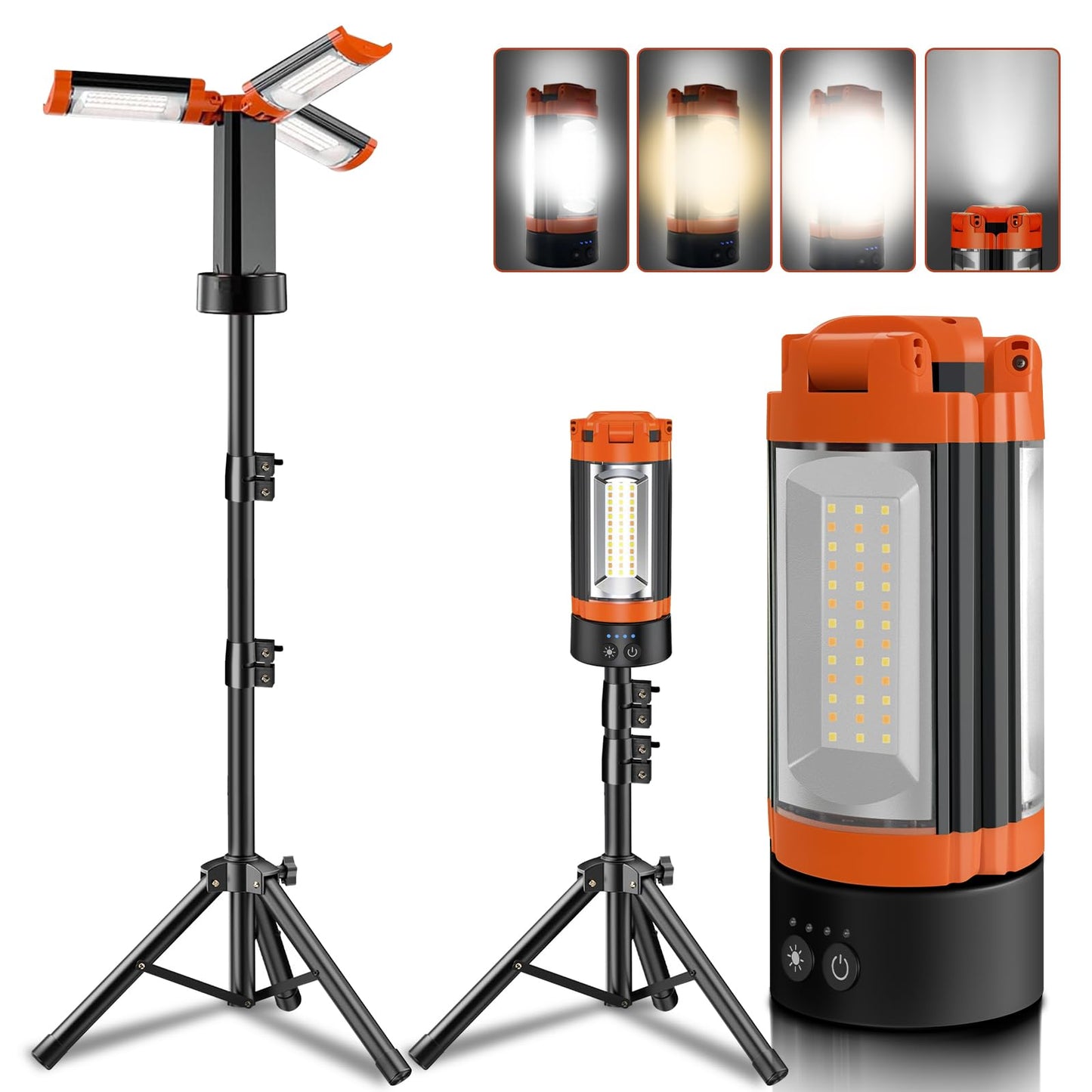 Rechargeable 12000mAh Camping Light with Adjustable Stand, Cordless Work Light with 3 LED Lamp Heads, 2200 Lumens Dimmable Magnetic Emergency Flashlight with Detachable Tripod, Orange
